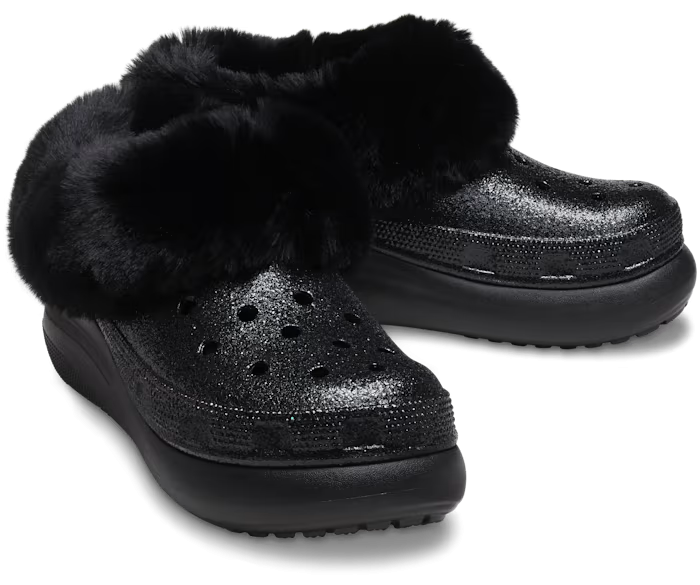 Крокс Краш Платформа Чорні з Хутром Блискучі Crocs Furever Crush Glitter Black